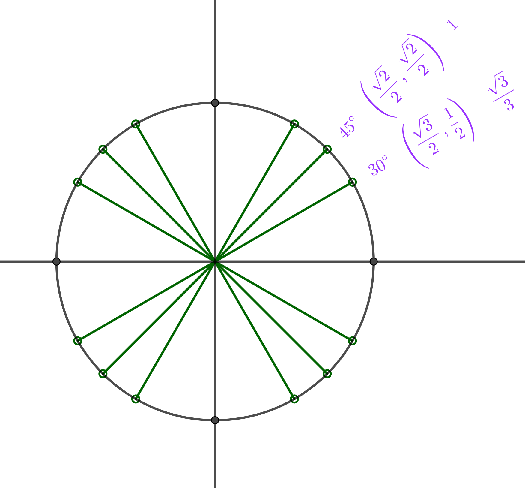 Unit circle with 16 points marked, partially labelled with angles and coordinates